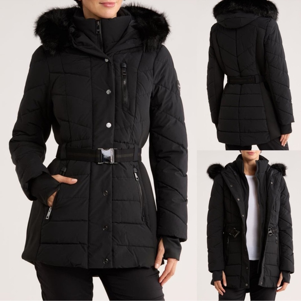 Michael Kors Women's Black Puffer Jacket with Belt
